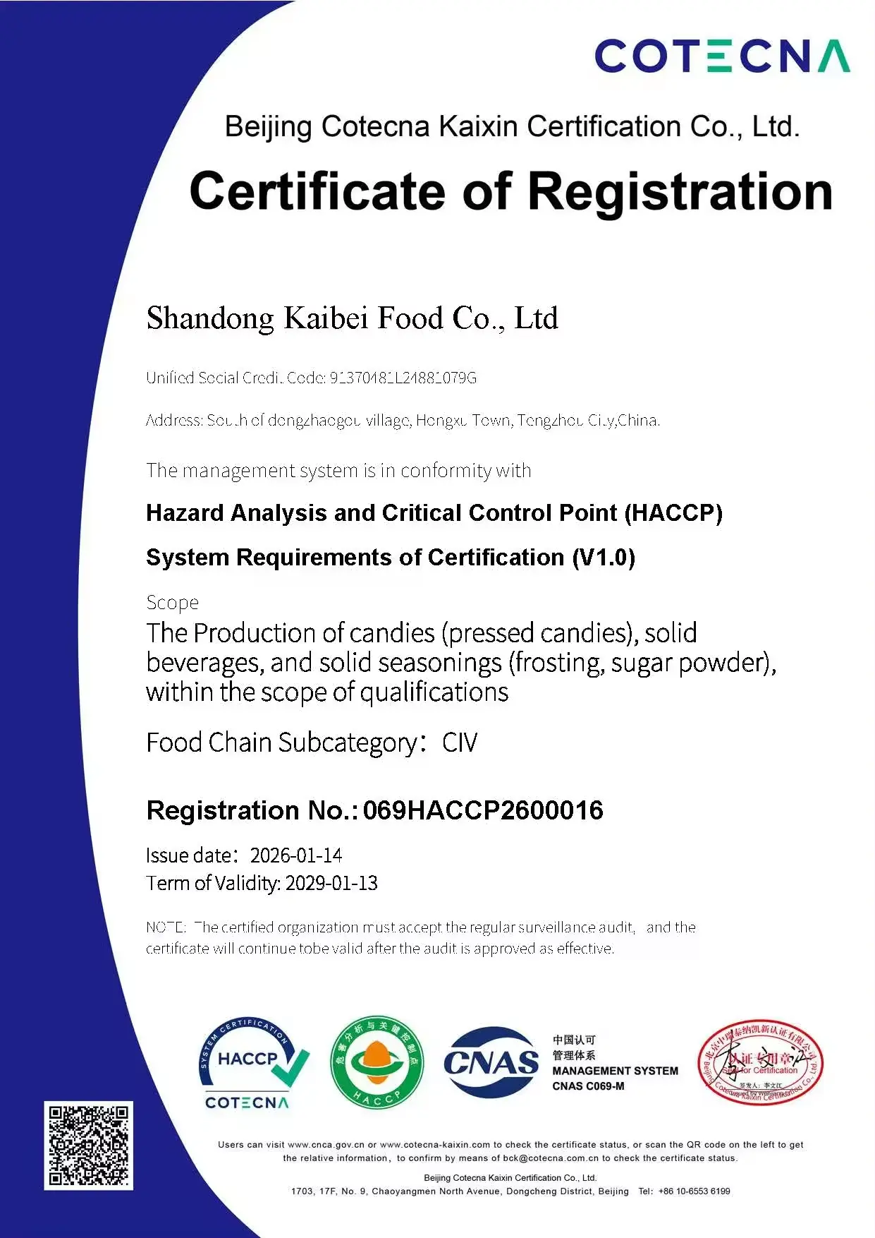 HACCP Certificate of Registration