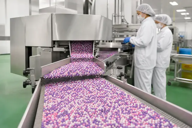 Sugar beads moving through an inspected production line